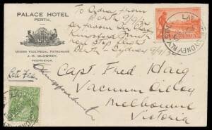 1934 (Sept 11) Perth-Sydney AAMC#401a Palace Hotel, Perth advertising cover endorsed "To Sydney from Perth 9/9/34 per favour Sir Charles Kingsford Smith non stop flight" signed C Kingsford Smith on face carried by him and PG Taylor in their Lockheed Altai
