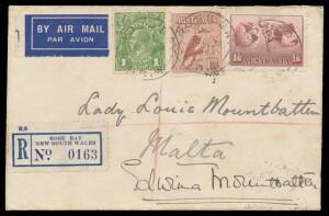 1935 (Apr 17) Australia-England AAMC#496b registered cover carried on first QANTAS/Imperial Airways passenger-carrying flight addressed to "Lady Louis Mountbatten, Malta" & signed by her Edwina Mountbatten on face with KGV 1d green, 6d Kookaburra & 1/6d H