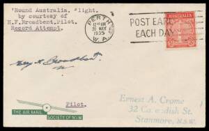 1935 (May 17-20) Around Australia AAMC#502a Crome cover endorsed "Record Attempt" carried by & signed Harry F Broadbent on face on his record-setting 3 days, 9 hours, 54 minutes flight in the Puss Moth DH60A 'Dabs III' with ANZAC 2d tied 'PERTH/20MAY/1935