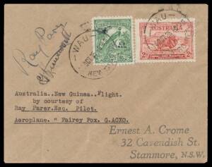 1935 (Aug 8) Sydney-Wau #492a Crome cover endorsed "Australia New Guinea Flight per courtesy of Ray Parer Esq Pilot Aeroplane Fairey Fox G-ACXO" with Australia 2d Macarthur & Undated Birds 2&frac12;d 'AIR MAIL' overprint tied 'WAU/14OCT35/NEW GUINEA' d/s signed 