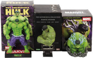 THE INCREDIBLE HULK: Boxed models - The Kotobukiya collection Marvel Studios fine art bust, numbered 558/2000 approx. 22x17cm; Diamond Select Toys bust numbered 1116/2500 approx. 17x14cm; Diamond Select Toys 'The Incredible Hulk Maquette', numbered 1107/3