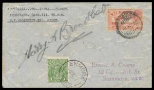 1935 (Oct 10) Australia-India AAMC#540 Crome cover carried & signed on face by "Harry F Broadbent" in his Puss Moth 'Dabs III' with KGV 1d green tied 'ENMORE/5OC35/NSW' d/s and returned from the Sultanate of Oman & Muscat with India KGV 12a tied 'GUADUR/1