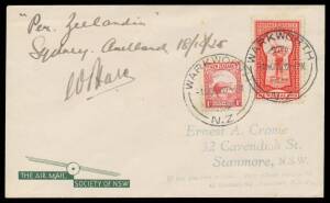 1935 (Oct 18) Australia-New Zealand AAMC#543 Crome cover endorsed "per Zeelandia Sydney Auckland 18/10/35" & signed by pilot W O'Hara on face carried in his Klemm BK1 Eagle with New Zealand 1d Kiwi and Health 1d Keyhole tied 'WARKWORTH/1NO35/NZ' arrival d