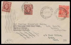 1935 (Oct 23) London-Brindisi-London AAMC#545 cover originally carried to England by Imperial & KLM certified on back by B Sheil with Australia KGV 2d tied 'DARWIN NT/3OC35/AUSTRALIA' d/s and then by Charles Kingsford Smith & Tommy Pethybridge on their at