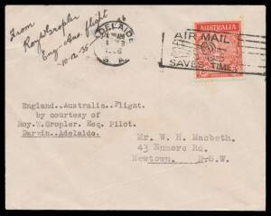 1935 (Dec 10) England-Australia AAMC#569 intermediate cover endorsed "England ...Australia...Flight by courtesy of Roy W Gropler pilot Darwin..Adelaide" & signed Roy W Gropler Eng-Aus Flight 10-12-35 - 20-1-36 alongside with ANZAC 2d tied 'ADELAIDE/6FEB/1