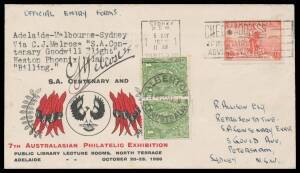 1936 (April 29) Adelaide-Sydney AAMC#602 illustrated SA Centenary and 7th Australian Philatelic Exhibition cover endorsed "OFFICIAL ENTRY FORMS" carried on South Australian Centenary 'Goodwill Flight' in a Heston Phoenix VH-AJM signed pilot CJ Melrose on 