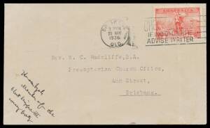 1936 (May 7) Mornington Island-Brisbane AAMC#602d intermediate cover carried on Imperial Airways Flying Boat from Singapore by Major HG Brackley & Flt Lt Riccard signed & endorsed by passenger Hudson Fysh Member of the Short Singapore III survey party on 