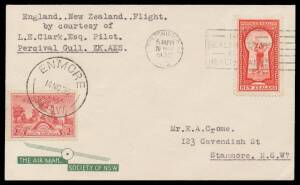 1936 (Oct 26) England-Australia-New Zealand AAMC#645/646 two Crome covers carried & signed on back by pilot "LE Clark" in his Percival Gull after arriving from England, the first from Darwin with SA Centenary 2d tied 'LONGREACH/7NO36/QUEENSLAND' arrival d