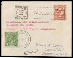 1937 (Jan 10) Sydney-Salamaua #703a Crome cover carried on Mandated Airlines DH84 Dragon flight to New Guinea signed pilot RO Mant with Australia KGV 1d green tied 'ENMORE/9JA37/NSW' d/s alongside Dated Birds 1&frac12;d 'AIR MAIL' overprint tied Brisbane 'PAQUEB
