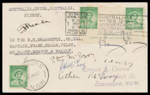 1937 (May 25) Australia-China-Australia AAMC#733 Crome cover carried on the McEvoy Family Charter Flight signed by pilot F Neale & the five passengers on face with QE 1d single tied 'ENMORE/NSW' d/s and imprint pair tied 'SYDNEY/NSW-AUST/11JUL/1937' machi