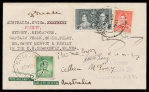 1937 (May 25) Australia-China AAMC#733a intermediate Crome cover carried to Singapore on the McEvoy Family Charter Flight signed by pilot F Neale & the five passengers on face with QE 1d single tied 'ENMORE/NSW' d/s and KGVI 2d & Straits Settlements 8c Co