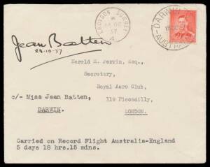 1937 (Oct 19) Australia-England AAMC#771 cover endorsed "Carried on Record Flight Australia-England 5 days 18hrs 15 mins" signed by pilot Jean Batten on face with KGVI 2d tied 'DARWIN NT/18OC37/AUSTRLAIA' d/s & 'CROYDON SURREY/24OC/37' arrival d/s alongsi