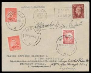 1938 (Mar 15) England-Australia-New Zealand-Australia-England AAMC#801/801a two covers flown by DH88 Comet 'Australian Anniversary' both with Great Britain KGVI 1&frac12;d tied London 'Glasgow Exhibition' slogan cancel, Australia KGVI 2d tied 'SYDNEY/19MR38' tra
