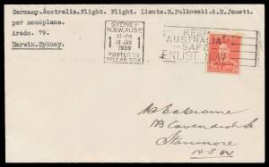 1938 (Dec 17) Darwin-Sydney AAMC#838 intermediate Crome cover endorsed "Germany Australia Flight Flight Lieuts H Pulkowski & R Jenett per monoplane Arado 79 Darwin Sydney" carried after their arrival in Australia with KGVI 2d tied 'SYDNEY/NSW-AUST/18JAN/1