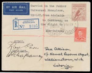 1939 (April 21) Adelaide-Cooktown AAMC#851 cover endorsed "Carried in the Fokker Universal Monoplane VH-UJT from Adelaide to Cooktown on the flight to New Guinea" signed pilots "Ray Parer" & "W Schafhausen" posted on arrival with Kookaburra 6d & KGVI 2d t