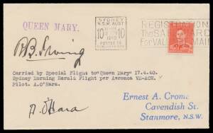 1940 (April 17) Sydney-Queen Mary AAMC#898a Crome cover endorsed "Carried by Special Flight to 'Queen Mary' 17.4.40 Sydney Morning Herald Flight per Aeronca VH-ACH" signed by pilot "A O'Hara" and by ship's captain "RB Irving" on face with KGVI 2d tied 'SY