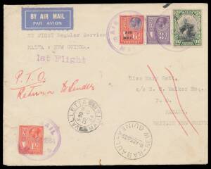 Inwards Mail to New Guinea & Papua including Australia 1933 Pigeongram flimsy annotated "the only cover known which was posted to New Guinea" with KGV 2d & special label, Malta 1934 with Pictorials 1/6d and KGV 3d & 6d 'AIR MAIL' overprint carried on firs