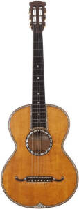 ANTIQUE GUITAR: Late 19th century, with label "FERNANDO DEL PERUGIA, Fabbricante di strumenti Armonici, SAN CRESCI presso FIRENZE, Anno 1894". Beautifully inlaid with mother of pearl & exotic timbers, ivory tuning pegs & comes with faux crocodile skin cas