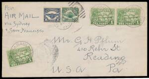 1927 (April 30) USA Internal Airmail Combination Franking #P1b cover to Reading, PA endorsed "Per Air Mail via Sydney & San Francisco" with Huts 1d green x3 tied 'RABAUL/NEW GUINEA' d/s paying 3d surface letter rate plus USA Airmails 8c green & 16c blue t