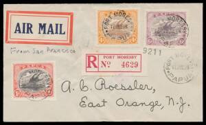 1928 (July 17) Port Moresby-USA Internal Airmail cover to East Orange, NJ with 'Air Mail' label endorsed "From San Francisco" and Lakatois 1d, 4d & 6d tied 'PORT MORESBY/PAPUA' d/s paying 3d foreign letter rate, 3d registration fee plus 5d airmail surchar