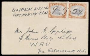 1929 (May 9) Port Morseby-Salamaua-Lae-Wau #P17 cover endorsed "Per Morlae Airline/Port Morseby & Lae" with Lakatois 1&frac12;d x2 tied large manuscript "9.5.29" carried by pilot Ray Parer in a DH-9, fine condition, Cat $2000.