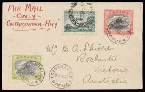 1929-1932 mostly registered covers carried by ship from New Guinea & Papua and flown by Australian internal airmail services including combination-franked cover endorsed "Air Mail Only Cootamundra-Hay" with Lakatois &frac12;d & 1d tied 'SAMARAI ED/17AUG29/PAPUA'