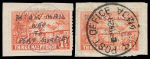 1929-30 "AIR MAIL" Provisionals Huts 1&frac12;d with various unauthorised manuscript endorsements such as "AIR MAIL/WAU/TO/PORT MORESBY" all on piece predominantly with 'EDIE CREEK' d/s, also typed "By air mail/Wau to Lae" with 'POST OFFICE/SALAMOA' d/s.