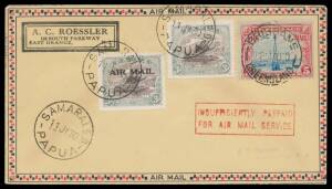 1930 USA Internal Airmail Combination Franking #P1a pair of Roessler covers with Lakatois 3d 'AIR MAIL' overprint tied 'PORT MORESBY/11MR30/PAPUA' and 'SAMARAI E.D/11JY30/PAPUA' both with USA Airmails 5c Beacon added to pay the domestic airmail fee but ca