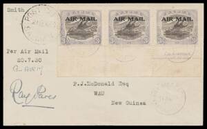 1930 (July 21) Port Morseby-Salamaua-Wau #P20 cover franked Lakatois 3d 'AIR MAIL' overprint strip of 3 with large part 'Harrison' imprint tied 'PORT MORESBY/19JUL30/PAPUA' d/s and 'POST OFFICE/21JL30/SALAMOA' transit alongside flown by Morlae Airlines si