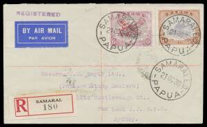 1930 (Oct 21) Samarai-Port Moresby #P27 pair of covers with 'SAMARAI E.D/PAPUA' d/s flown internally, then ship to Cairns, QANTAS from Townsville to Brisbane and ANA to Sydney, the first registered with Lakatois 1&frac12;d & 6d 'Plane' overprint and red/black R 