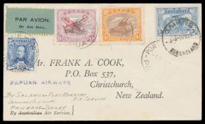 1931 (May 1) Salamaua-Port Moresby #P30 cover to New Zealand with Lakatois 4d & 6d 'Plane' overprint tied 'PORT MORESBY/PAPUA' d/s on arrival and Australia KSmith 3d tied 'CAIRNS/8MY31' d/s & Sturt 3d tied 'BRISBANE/11MY31' d/s flown internally by Lionel 