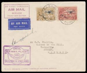 1931 (Nov 19) Australia-England #P36a cover with Huts 6d & 2/- 'AIR MAIL' overprints tied 'RABAUL/6NO31/NEW GUINEA' d/s & 'BY FIRST THROUGH/AIR MAIL/SERVICE/FROM NEW GUINEA' cachet carried by ship to Brisbane and by First All-Australian airmail service wi