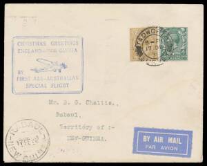 1932&nbsp;(Jan 7) England-Australia #P40 pair of covers to New Guinea carried on the return flight of the First All-Australian airmail service with Great Britain KGV 4d & 1/- tied 'TIDWORTH/17DE/31/SURRY' d/s and 'CHRISTMAS GREETINGS' flight cachets (in red & 