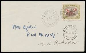 1932&nbsp;(Oct 27) Port Moresby-Wau-Kokoda-Port Moresby #P49b cover with Lakatois 1/- 'AIR MAIL' overprint tied 'PORT MORESBY/PAPUA' d/s carried by F Drayton in a Guinea Airways Junkers F13 and return with Kokoda arrival d/s od same day on face, also return fl