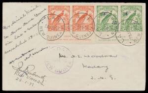 1933 (Jan 27) Bena Bena-Wau-Lae-Salamaua #P55 cover endorsed "Per aerial mail ex Bena Bena 'Drome ... Despatched 27.1.33 HE Woodman Asst Warden" with Undated Birds 2d & 1d 'AIR MAIL' overprint imprint pairs tied 'LAE/28JAN33/NEW GUINEA' d/s in transit and