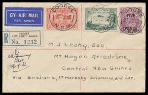 1933&nbsp;(July 14) registered cover addressed to "MJ Leahy, Mt Hagen Aerodrome, Central New Guinea" with Australia KGV 'FIVE/PENCE' on 4&frac12;d, 2d KSmith & 3d Airmail tied 'COOGEE/24JE33/NSW' d/s carried by ship to Port Moresby and flown by Guinea Airways with 'P
