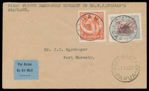 1933 (Aug 19) Daru-Kerema-Port Moresby #P65 cover with Pictorials 2d & Lakatois 3d 'AIR MAIL' overprint tied DARU/PAPUA' datestamps carried by WJ Duncan for Rabaul Airways Syndicate in a Genairco seaplane, also three covers from the continuation flight #P