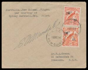 1934&nbsp;(Oct 11) Sydney-Lae-Port Moresby #P73 cover endorsed "Australia New Guinea Flight per courtesy of Sydney Marshall esq Pilot" carried in his Westland Widgeon III with Dated Birds 1&frac12;d&nbsp;& 2d 'AIR MAIL' overprints tied 'LAE/16OC34/NEW GUINEA' d/s on arriv