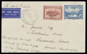 1934 (Dec 19) Port Moresby-Cairns #P75 cover to South Australia endorsed "Per Official Air Mail carried by Lord Sempill in his Puss Moth" with Jubilee 3d & 5d tied 'PORT MORESBY18DE34/PAPUA' d/s & "Received 24/12/34" annotation on back, plus another with 