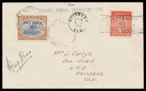1935 (April 15) Australia-Port Moresby-Wau #P79 cover with Australia 2d ANZAC tied Brisbane '10APR/1935' cancel carried to Papua where Lakatois 'TWO PENCE' on 1&frac12;d affixed alongside tied 'PORT MORESBY/29AP35/PAPUA' d/s with 'Per/PACIFIC AERIAL TRANSPORT L