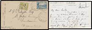 1935 (April 15) Cape York-Port Moresby-Wau #P79a intermediate cover with Victorian Centenary 3d tied 'CAPE YORK/-6AP35/QLD' d/s (error for '16') and 'Per/PACIFIC AERIAL TRANSPORT LTD' cachet including the enclosed postcard with message "Ray Parer is flyin