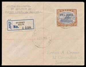 1935 (July 12) Sydney-Thursday Island-Daru #P81 registered Crome cover endorsed "Australia Papua By Courtesy Of Flight Lieut S Campbell" carried in his Short Scion S16 seaplane with Sydney R label and Lakatois 'TWO PENCE' on 1&frac12;d overprint tied 'DARU/22JL3