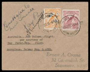 1935&nbsp;(Aug 8) Sydney-Wau #P83a Crome&nbsp;cover endorsed "Australia New Guinea Flight per courtesy of Ray Parer Esq Pilot Aeroplane Fairey Fox G-ACXO" with Dated Birds 2d & Undated Birds &frac12;d 'AIR MAIL' overprint tied 'WAU/14OCT35/NEW GUINEA' d/s signed pilots "R