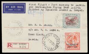 1935 (Sept 1) Port Moresby-Darwin #P90 registered cover endorsed "First Flight Daru-Port Moresby-Port Darwin per RAAF Southampton Flying Boat A-11-1 Piloted by Squadron Leader A Hempel" with Lakatois 3d 'AIR MAIL' overprint & Pictorials 2d 'JUBILEE' overp