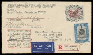 1935 (Oct 23) Oroville-Port Moresby #P91 registered cover inscribed "FIRST AIRMAIL FROM OROVILLE CAMP UPPER FLY RIVER TO PORT MORESBY PAPUA Short Scion Seaplane VHUUP" with Lakatois 3d 'AIR MAIL' overprint & 3d Pictorials tied 'PORT MORESBY/25OC35/PAPUA' 