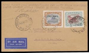 1935&nbsp;(Nov 5) Port Moresby-Kikori #P92 intermediate cover inscribed "FIRST FLIGHT PORT MORESBY/KIKORI PER SHORT SCION MONOPLANE G-ACUX (V-HUUP AUST)" with Lakatois 'TWO PENCE' on 1&frac12;d & 3d 'AIR MAIL' overprints tied 'PORT MORESBY/4NO35/PAPUA' d/s signed pil