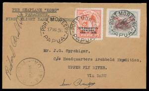 1936 (March 17) Port Moresby-Daru #P97 cover endorsed "PER SEAPLANE KONO & PARACHUTE FIRST FLIGHT DARU MT BLUCHER" with 2d Jubilee overprint & Lakatois 3d 'AIR MAIL' overprint tied 'PORT MORESBY/PAPUA' d/s addressed to "Mr JG Spychiger c/- Headquarters Ar