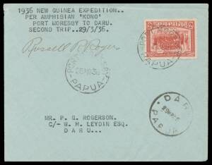 1936 Port Moresby-Daru Archbold Expedition covers carried by Rogers & Archbold in the Fairchild NR777 amphibian 'Kono' on subsequent flights each signed pilot Russell R Rogers on face with stamps tied PORT MORESBY/PAPUA d/s and DARU/PAPUA arrivals compris