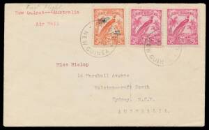 1936 (Oct 28) Wau-Port Moresby-Melbourne Melbourne Cup charter flight #P108 covers carried by Guinea Airways Lockheed Electra comprising Undated Birds 2d (corner fault) & 4d x2 'AIR MAIL' overprints tied 'WAU/27OCT36/NEW GUINEA' d/s with'MELBOURNE/25/30OC