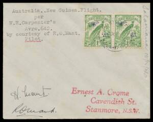 1936 (Dec 1) Sydney-Salamaua #P109 Crome cover endorsed "Australia New Guinea Flight per WR Carpenter's Avro 642 by courtesy of RO Mant Pilot" signed by him on face with Undated Birds 1d 'AIR MAIL' overprint pair tied 'POST OFFICE/10DE36/SALAMAUA' d/s on 